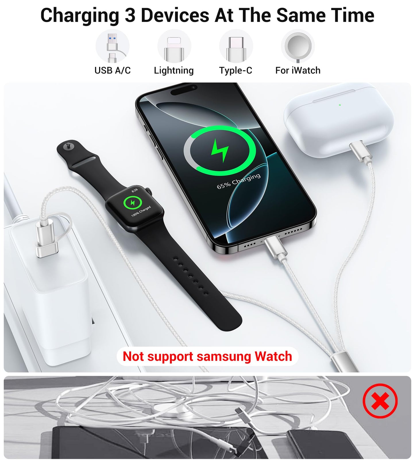 Travel Essentials,3 in 2 USB C Cable for Apple Watch Charger/iPhone 17 Charger/Lightning,Multi Charging Cable Cord,Vacation Camping Essentials,Portable Designed for iWatch &iPhone 16-12-4FT