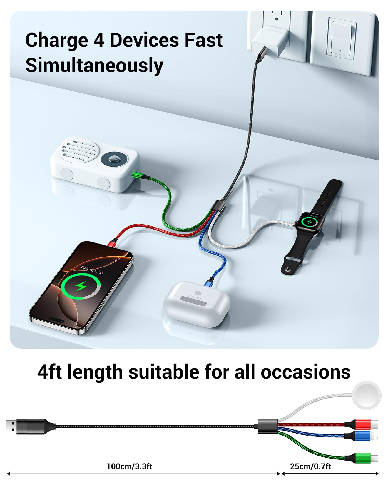 Travel Essentials,3 in 2 USB C Cable for Apple Watch Charger/iPhone 17 Charger/Lightning,Multi Charging Cable Cord,Vacation Camping Essentials,Portable Designed for iWatch &iPhone 16-12-4FT