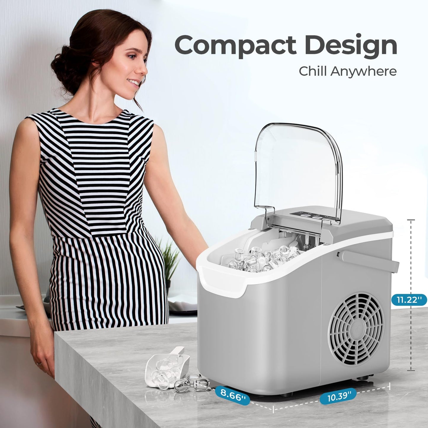 Countertop Ice Maker Machine, 8 Ice Cubes in 6 mins, 26lb/Day Ice with 2 Sizes- Portable Mini, Energy Saving & Basket/Scoop for Home/Party/Travel/Camping/Bar,Black