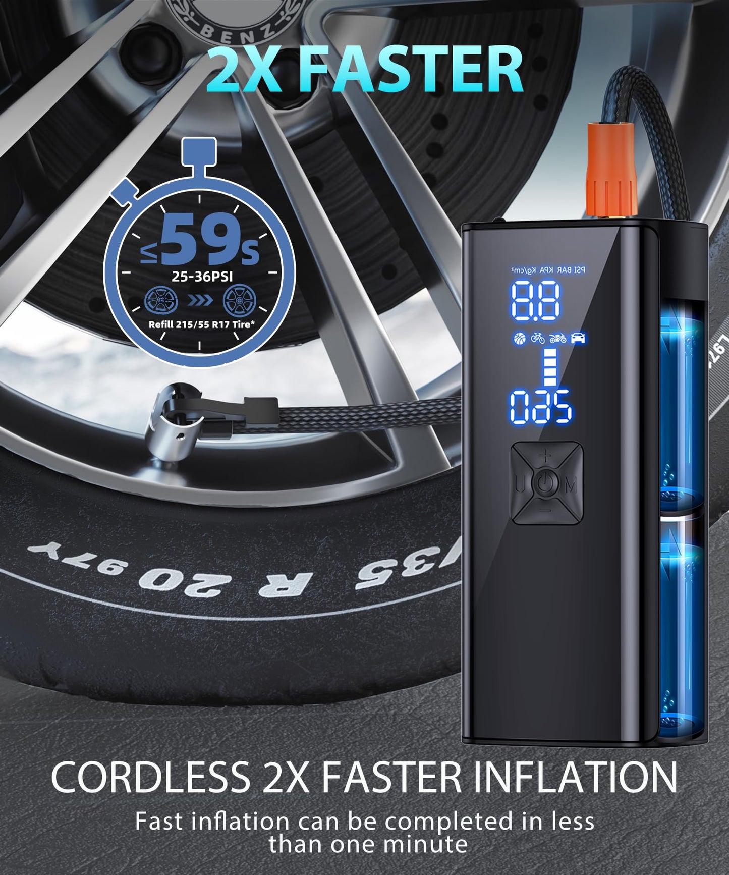 Tire Inflator Portable Air Compressor, 2X Faster Inflation Portable Air Pump with Digital Pressure Gauge & LED Light, 150PSI Tire Pump for Car, Motorcycle, Bicycle, Ball and More