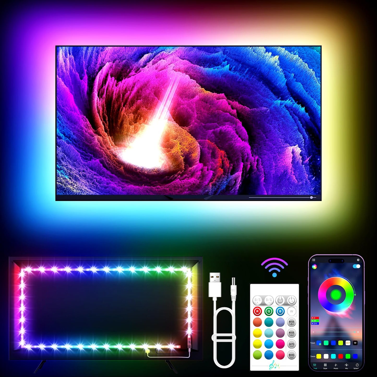 TV Backlights, 13.1FT LED Lights for 32-65 Inch TV, RGB TV LED Lights Behind, Music Sync Bluetooth APP and Remote Control TV LED Strip Lights USB Powered for Gaming/Bedroom