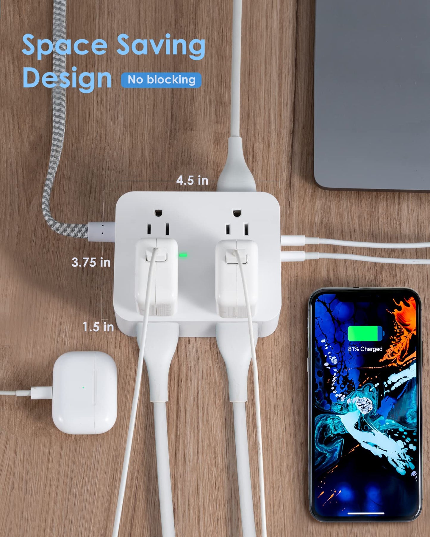 Surge Protector Power Strip - HANYCONY 8 Outlets 4 USB (2 USB C) Charging Ports, Multi Plug Outlet Extender, 5Ft Braided Extension Cord, Flat Plug Wall Mount Desk Charging Station for Home Office ETL