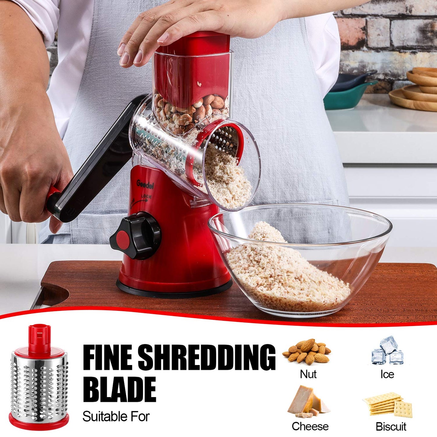 Rotary Cheese Grater, Kitchen Mandoline Vegetable Slicer with 3 Interchangeable Blades, Easy to Clean Grater for Fruit, Vegetables, Nuts