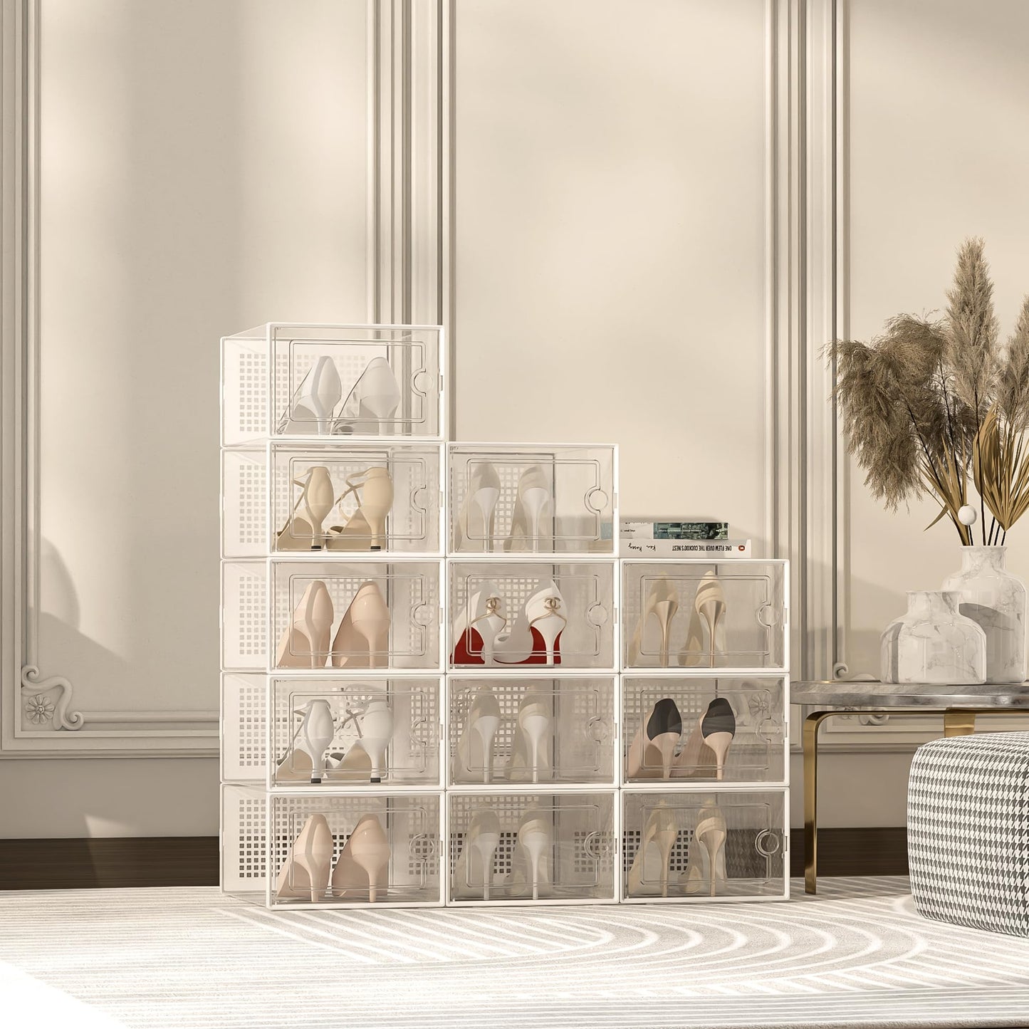 Shoe Storage Boxes Organizers Clear Plastic Stackable 12 Pack, Shoe Rack & Holder Substitute, Sneaker Containers, Toy Storage Organizer Bins for Entryway, Closet, Under Bed, Black