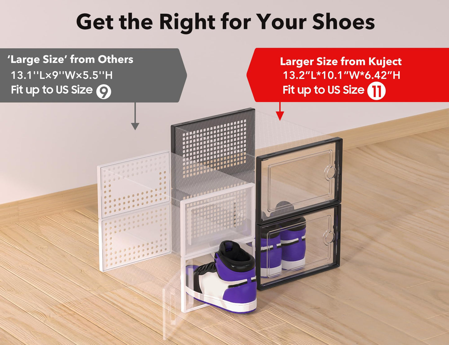 Shoe Storage Boxes Organizers Clear Plastic Stackable 12 Pack, Shoe Rack & Holder Substitute, Sneaker Containers, Toy Storage Organizer Bins for Entryway, Closet, Under Bed, Black