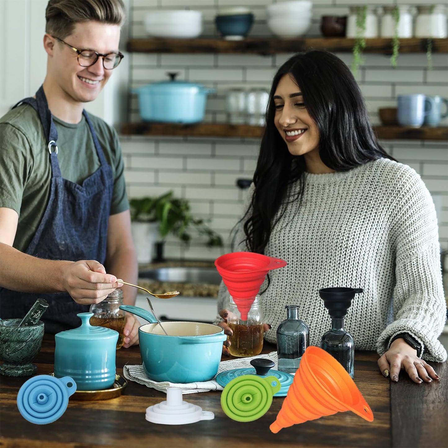 Kitchen Funnel Set 4 Pack, Small and Large, Kitchen Gadgets Accessories Foldable Silicone Collapsible Funnels for Filling Water Bottle Liquid Transfer Food Grade