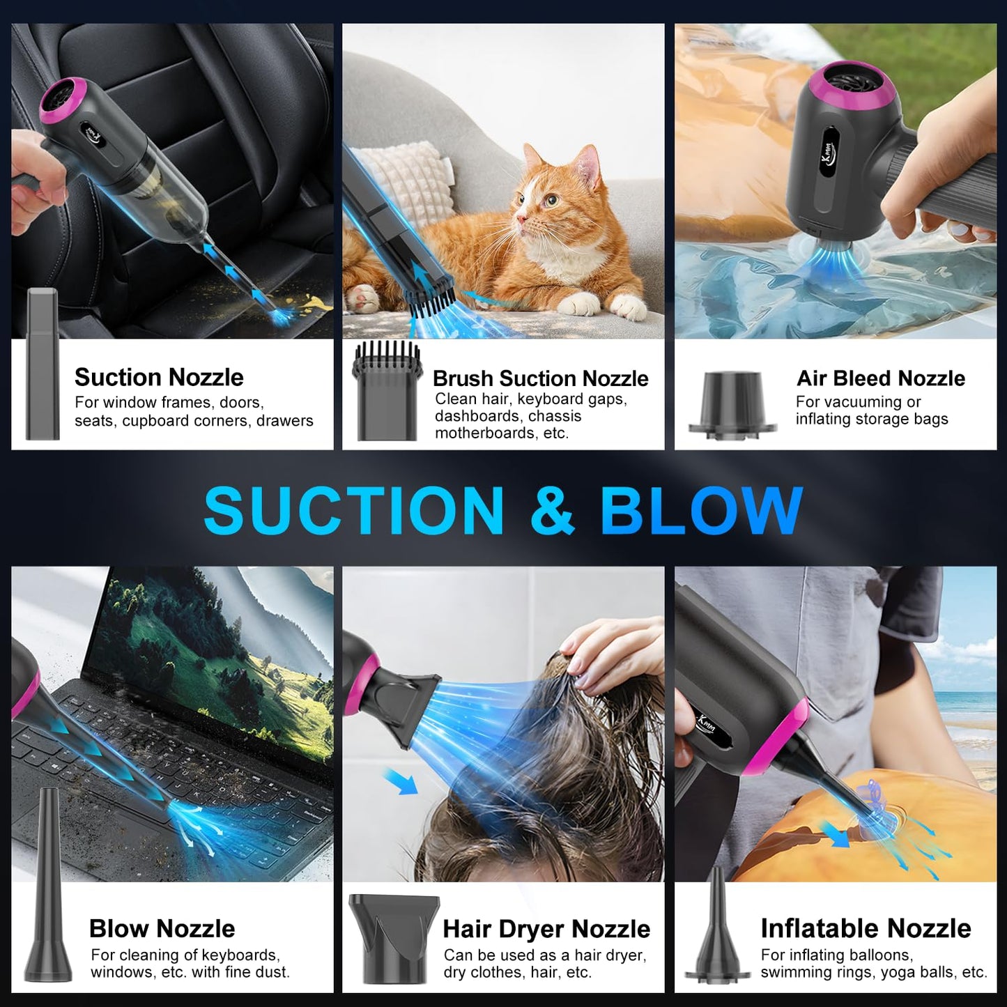 Handheld Car Vacuum Cleaner, 9000Pa Vacuum Cleaner and Air Duster, 120W High Power Hand Held Vacuum with LED Light and Multi-Nozzles for Car, Home, Office, Pet