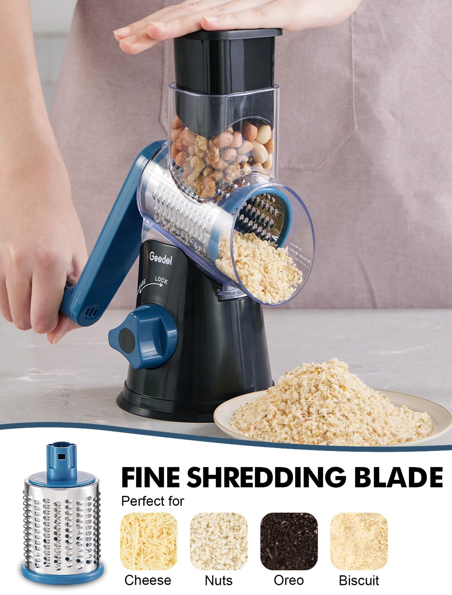 Rotary Cheese Grater, Kitchen Mandoline Vegetable Slicer with 3 Interchangeable Blades, Easy to Clean Grater for Fruit, Vegetables, Nuts