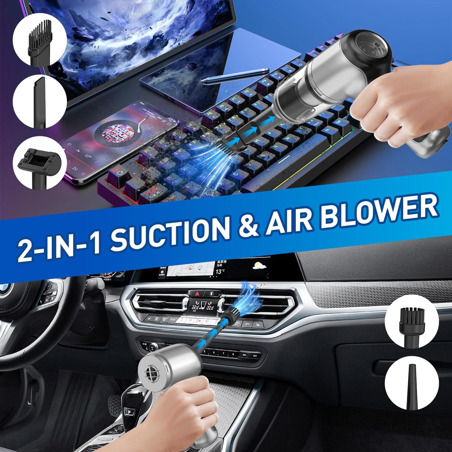 Handheld Car Vacuum Cleaner Cordless with 16000PA Powerful Suction, 4-in-1 Portable Mini Vacuum Cleaner & Air Duster with Multi-Accessories, Hand Held Vacuum Cordless Rechargeable for Car Home