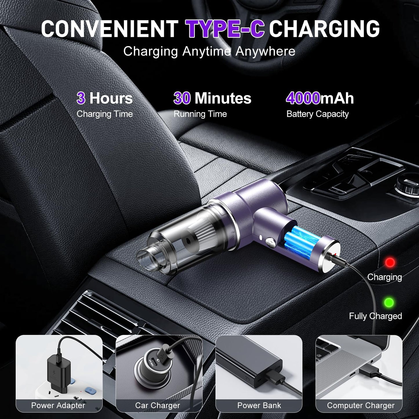 Handheld Car Vacuum Cleaner, 9000Pa Vacuum Cleaner and Air Duster, 120W High Power Hand Held Vacuum with LED Light and Multi-Nozzles for Car, Home, Office, Pet