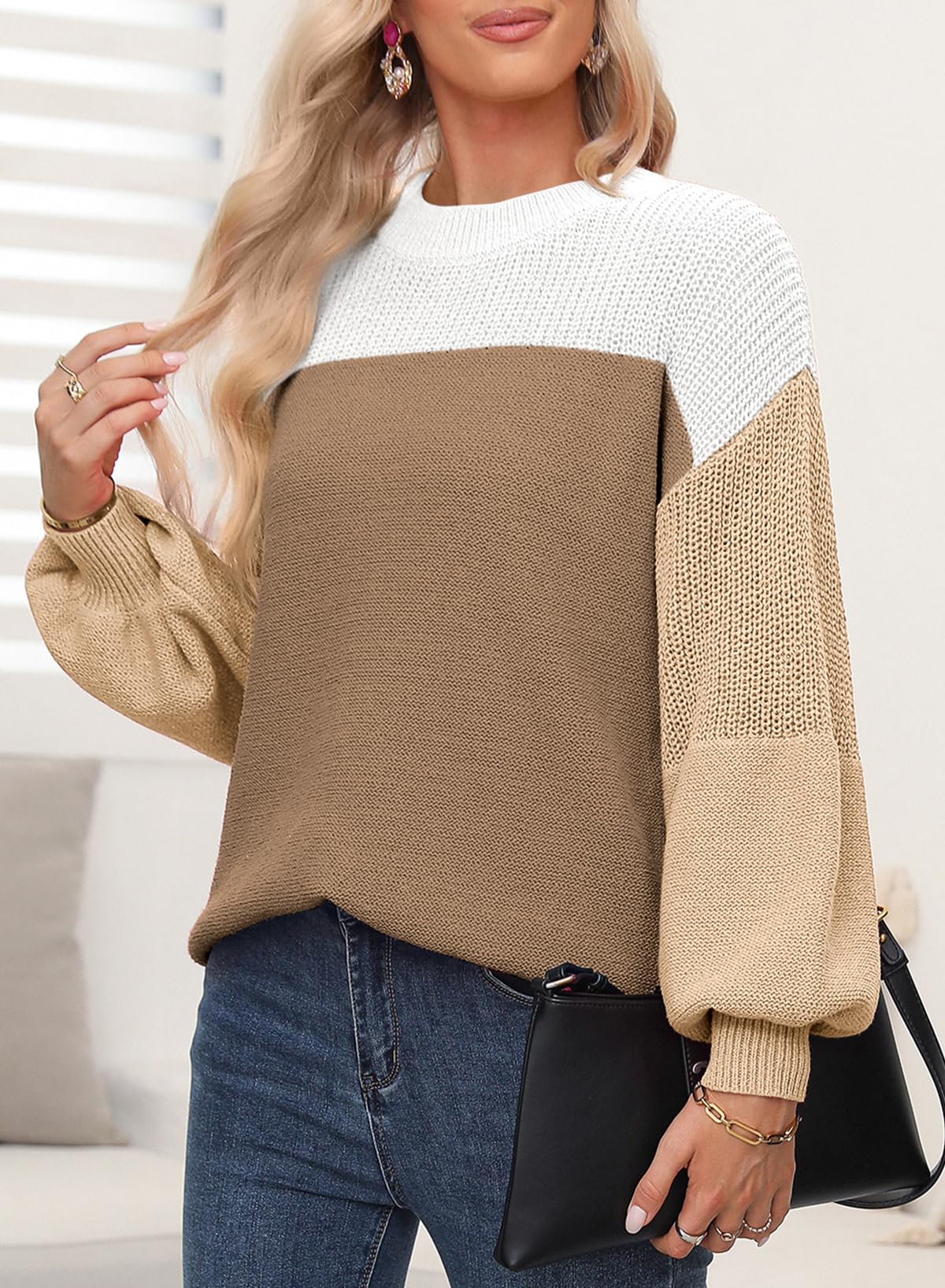Womens Long Sleeve Knit Sweater Casual Solid Color Crew Neck Fall Sweaters for Women Trendy 2025 Outfits Chocolate Brown Fall Clothes Clothing Winter Oversized Pullover Top Jumper Medium