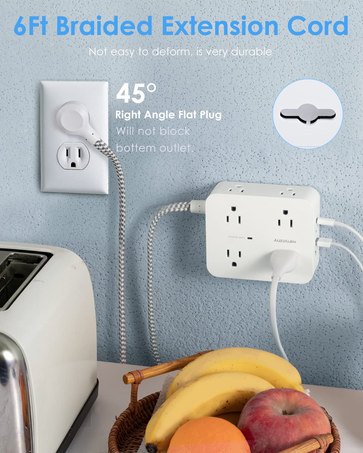 Surge Protector Power Strip - HANYCONY 8 Outlets 4 USB (2 USB C) Charging Ports, Multi Plug Outlet Extender, 5Ft Braided Extension Cord, Flat Plug Wall Mount Desk Charging Station for Home Office ETL