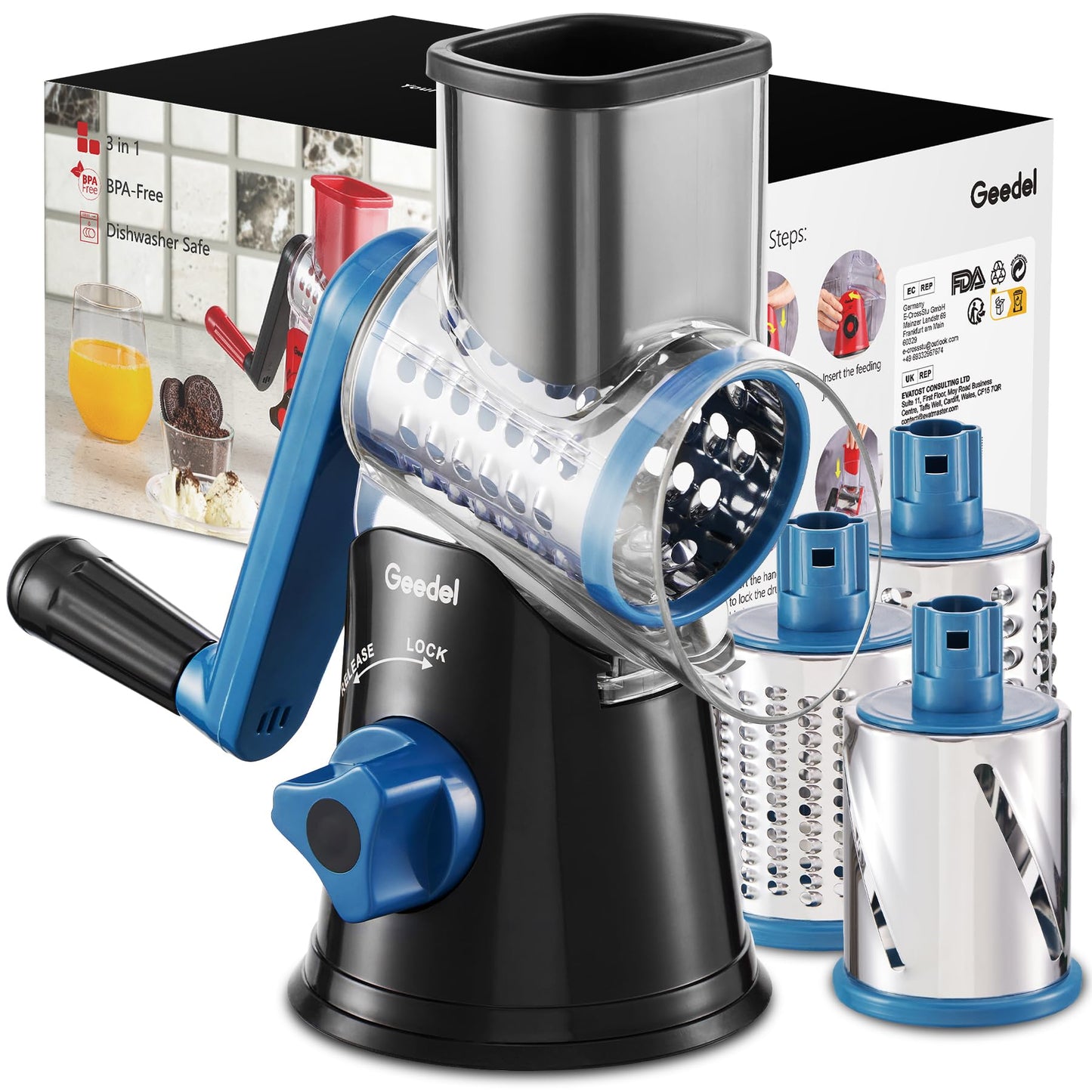 Rotary Cheese Grater, Kitchen Mandoline Vegetable Slicer with 3 Interchangeable Blades, Easy to Clean Grater for Fruit, Vegetables, Nuts