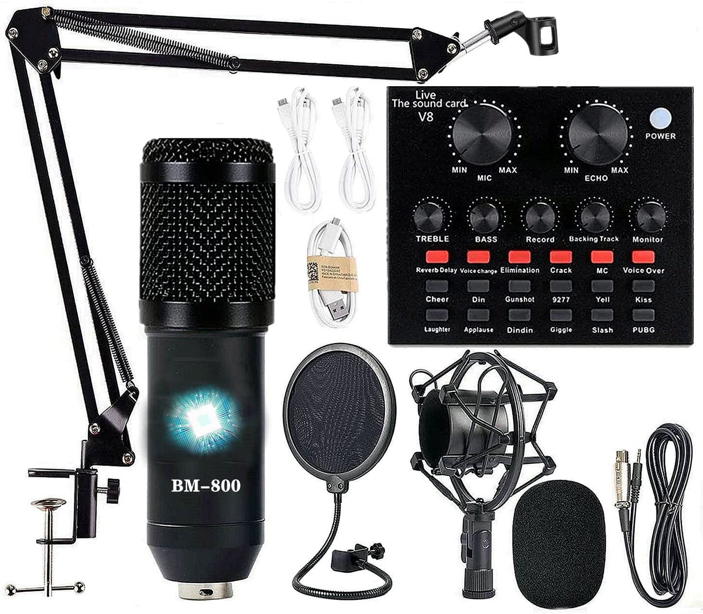 Podcast Equipment Bundle, BM-800 Recording Studio Package with Voice Changer, Live Sound Card - Audio Interface for Laptop Computer Vlog Living Broadcast Live Streaming YouTube TikTok (AM100-V8)