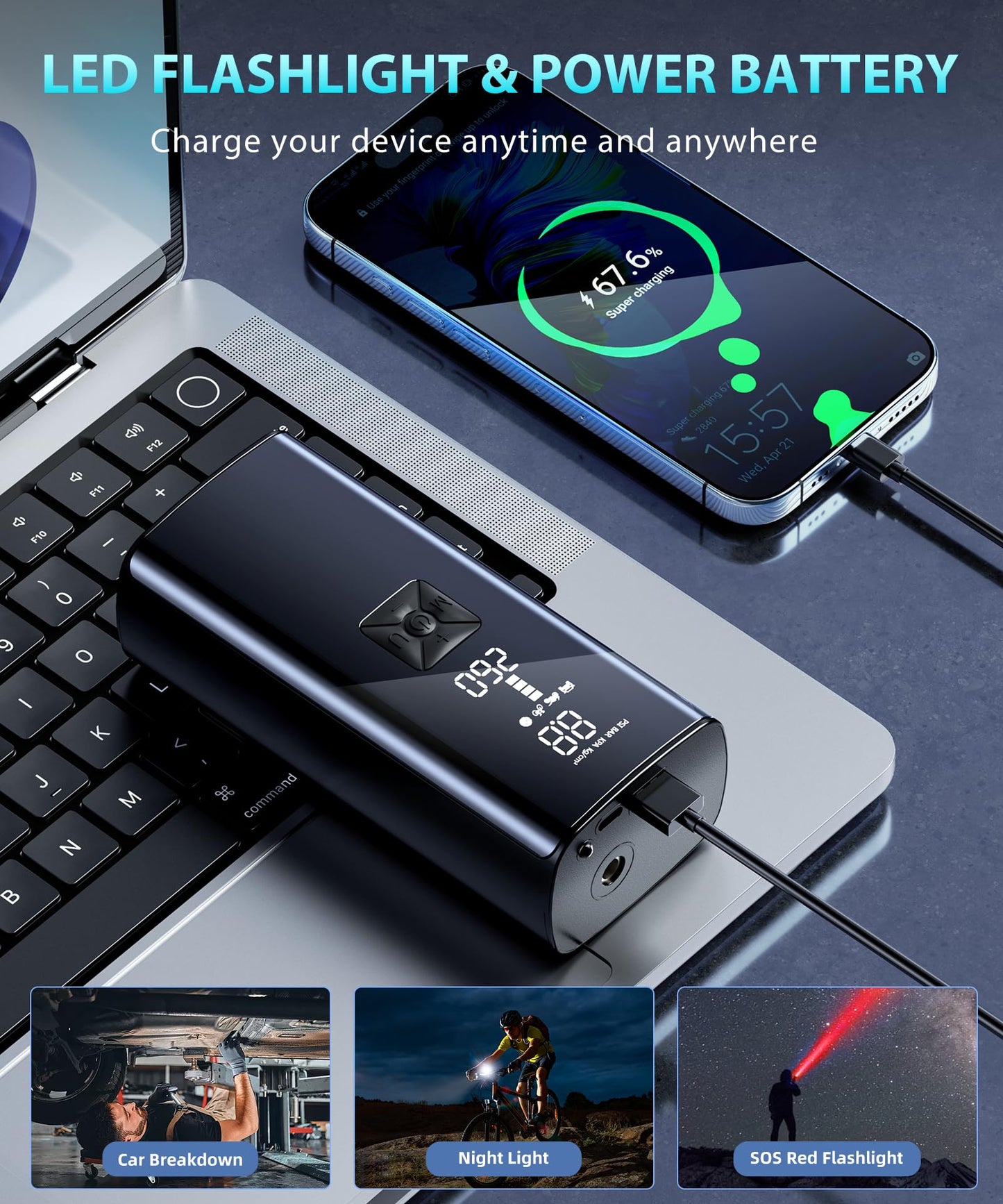 Tire Inflator Portable Air Compressor, 2X Faster Inflation Portable Air Pump with Digital Pressure Gauge & LED Light, 150PSI Tire Pump for Car, Motorcycle, Bicycle, Ball and More