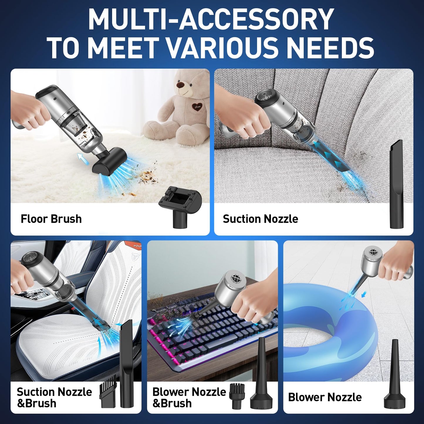 Handheld Car Vacuum Cleaner Cordless with 16000PA Powerful Suction, 4-in-1 Portable Mini Vacuum Cleaner & Air Duster with Multi-Accessories, Hand Held Vacuum Cordless Rechargeable for Car Home