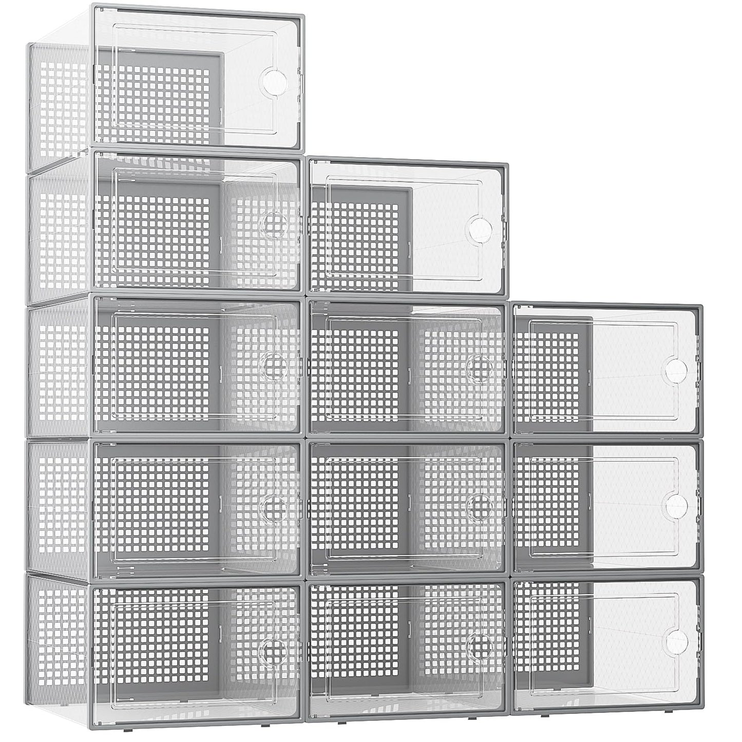 Shoe Storage Boxes Organizers Clear Plastic Stackable 12 Pack, Shoe Rack & Holder Substitute, Sneaker Containers, Toy Storage Organizer Bins for Entryway, Closet, Under Bed, Black