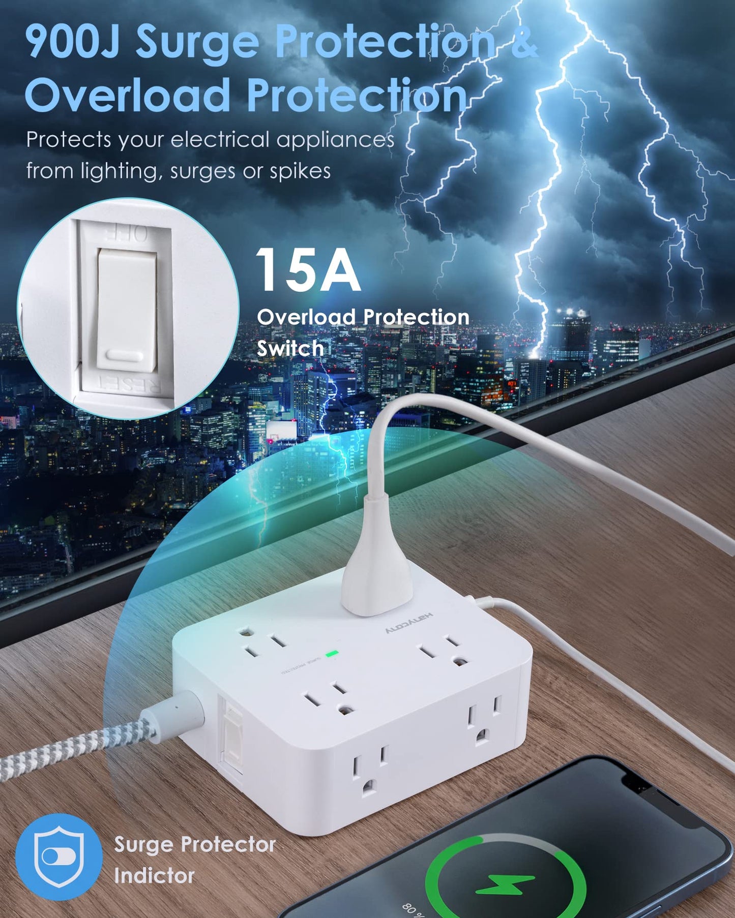 Surge Protector Power Strip - HANYCONY 8 Outlets 4 USB (2 USB C) Charging Ports, Multi Plug Outlet Extender, 5Ft Braided Extension Cord, Flat Plug Wall Mount Desk Charging Station for Home Office ETL