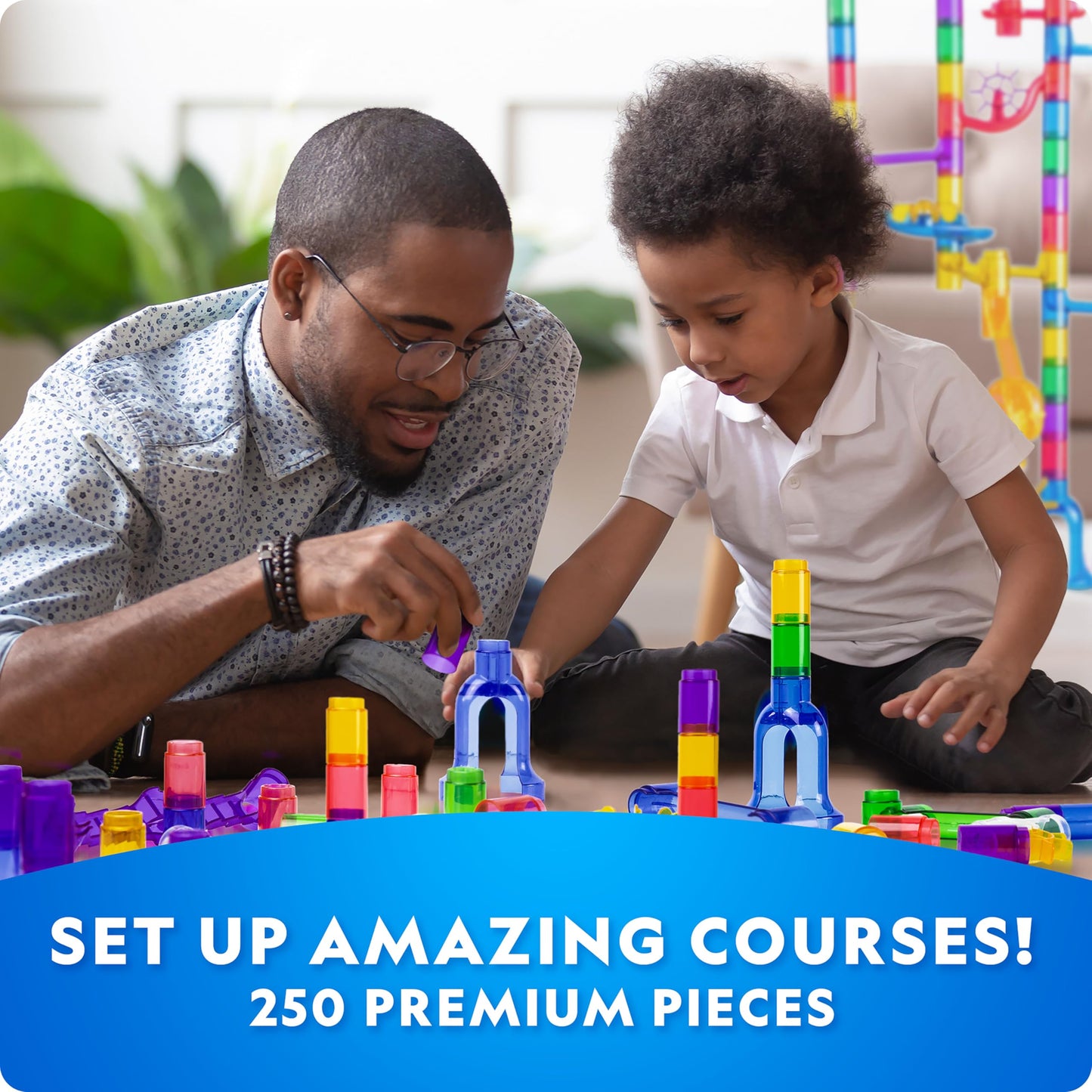 NATIONAL GEOGRAPHIC Glowing Marble Run – Construction Set with 15 Glow in The Dark Glass Marbles & Storage Bag, STEM Gifts for Boys and Girls, Building Project Toy