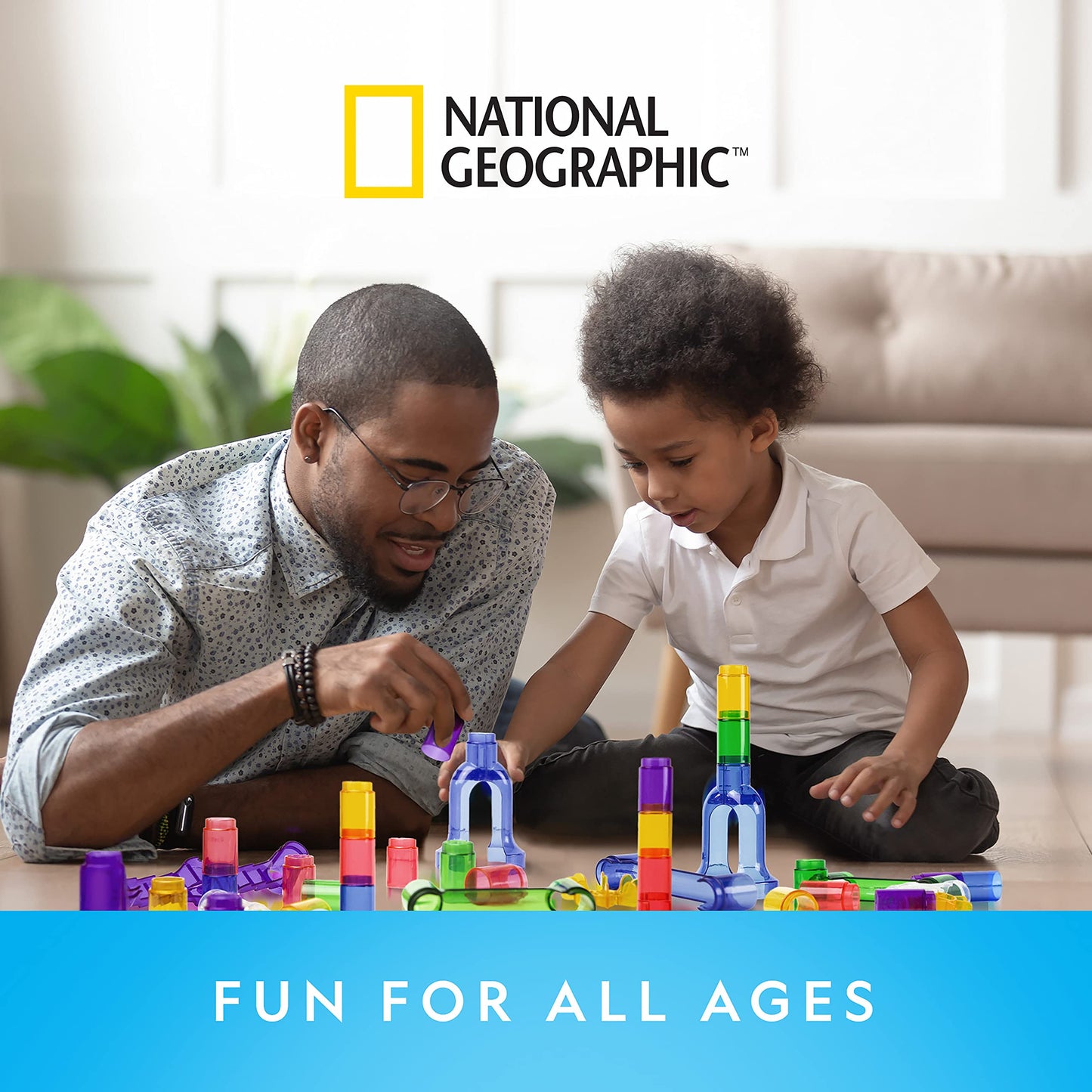 NATIONAL GEOGRAPHIC Glowing Marble Run – Construction Set with 15 Glow in The Dark Glass Marbles & Storage Bag, STEM Gifts for Boys and Girls, Building Project Toy