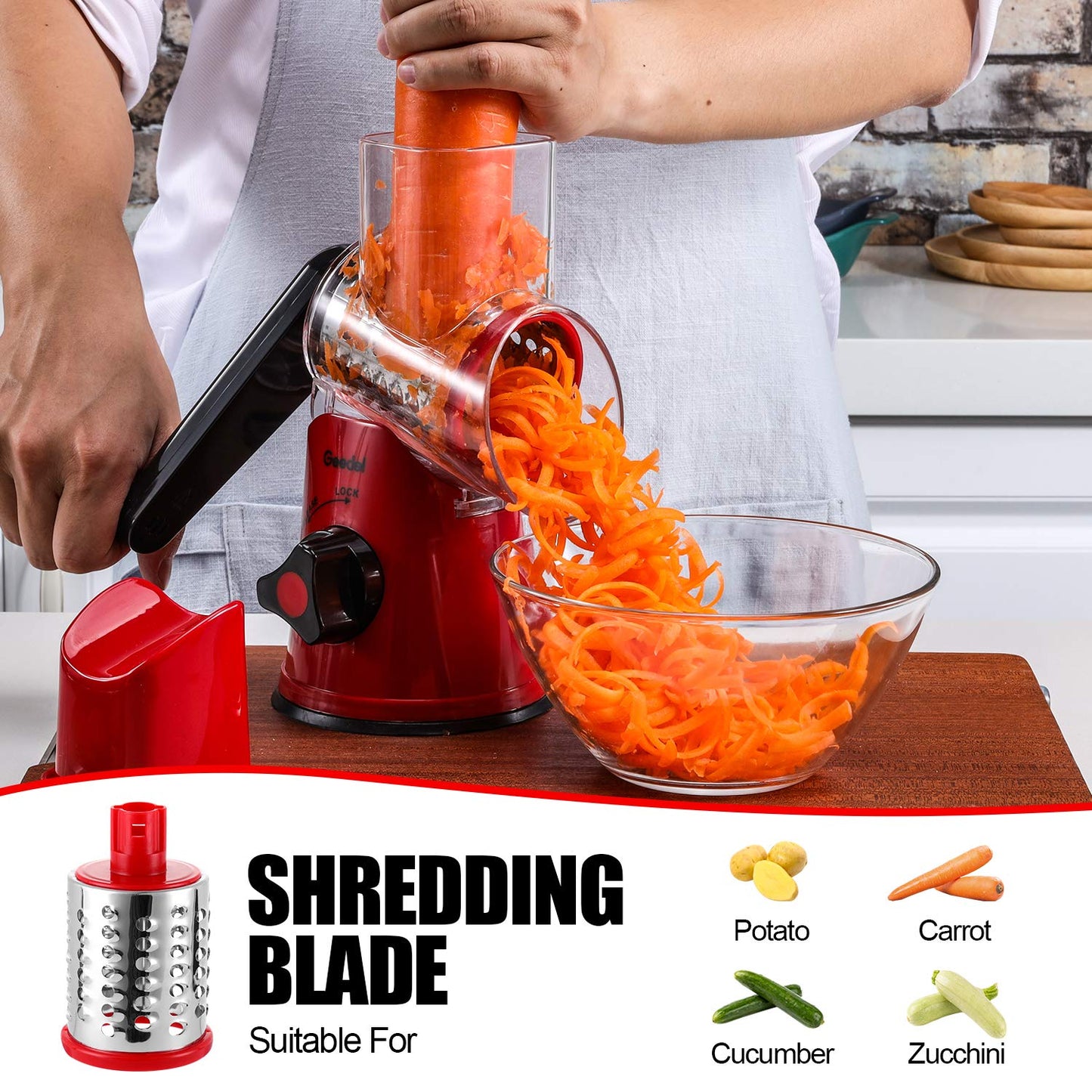Rotary Cheese Grater, Kitchen Mandoline Vegetable Slicer with 3 Interchangeable Blades, Easy to Clean Grater for Fruit, Vegetables, Nuts