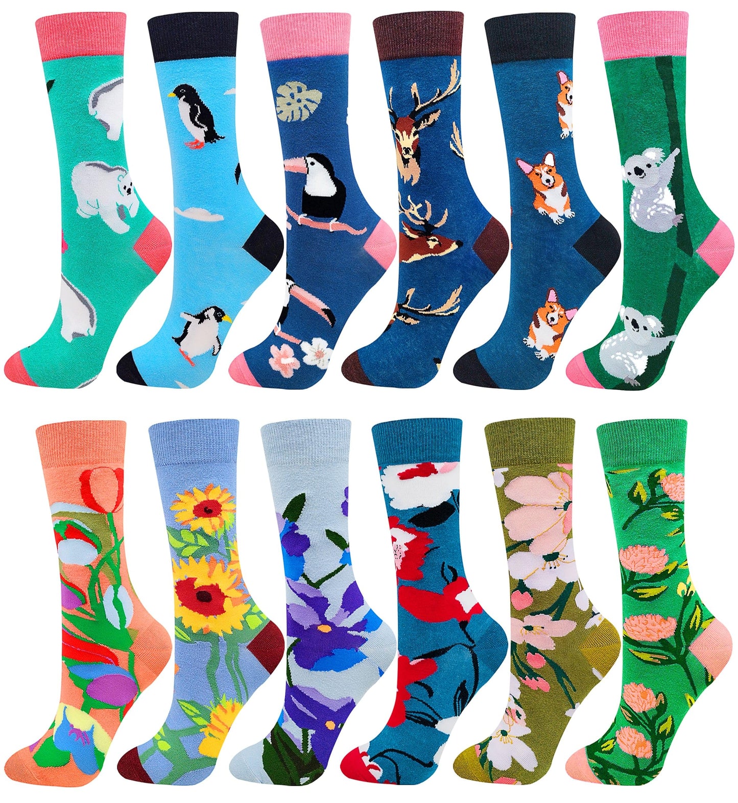 Funny Socks Women Fun Colorful Novelty Crazy Floral Patterned Sock Crew, Premium Cotton, Size 6-11, 12 Pairs US031205