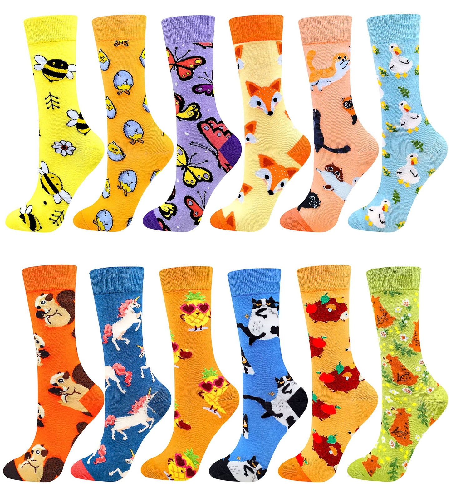 Funny Socks Women Fun Colorful Novelty Crazy Floral Patterned Sock Crew, Premium Cotton, Size 6-11, 12 Pairs US031205