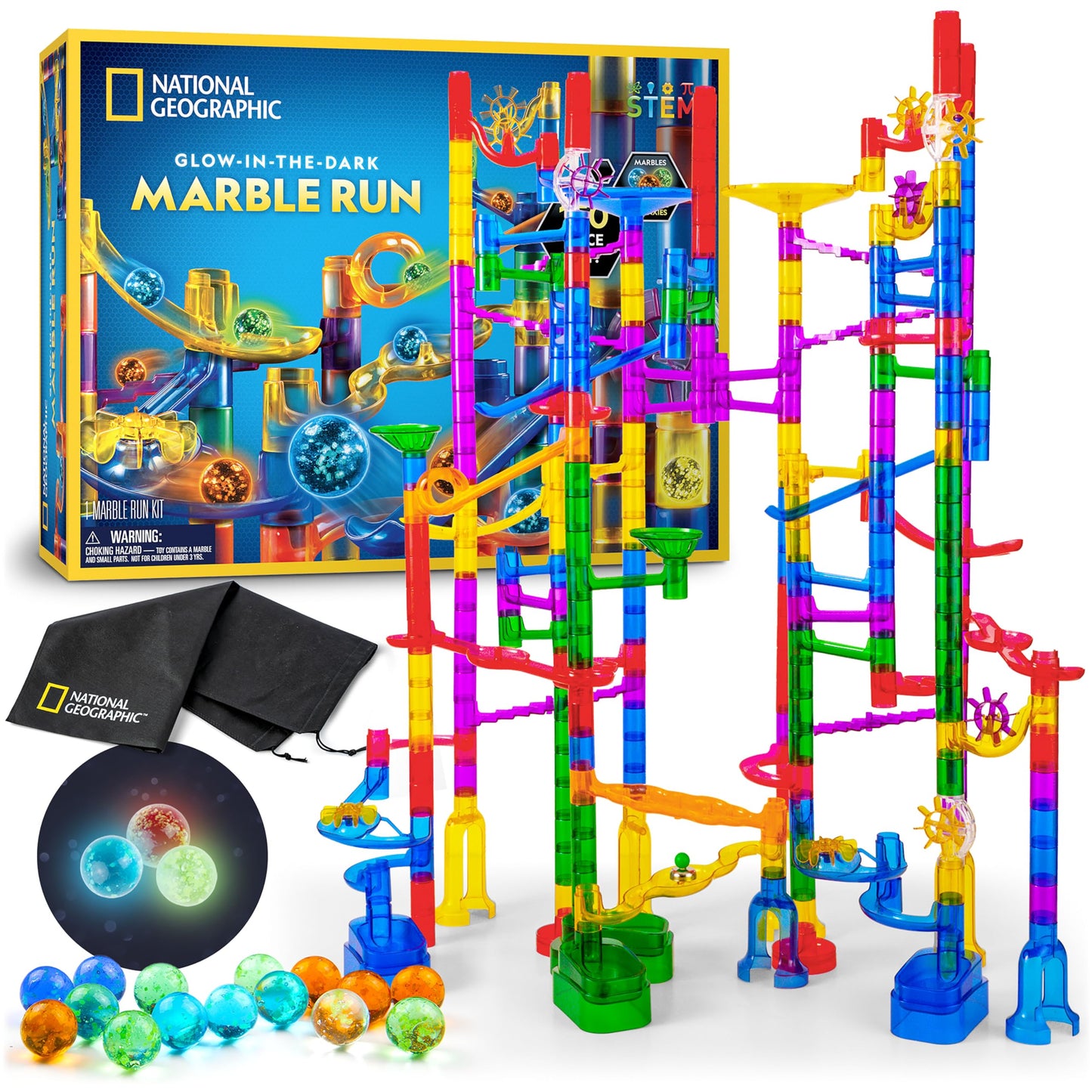 NATIONAL GEOGRAPHIC Glowing Marble Run – Construction Set with 15 Glow in The Dark Glass Marbles & Storage Bag, STEM Gifts for Boys and Girls, Building Project Toy