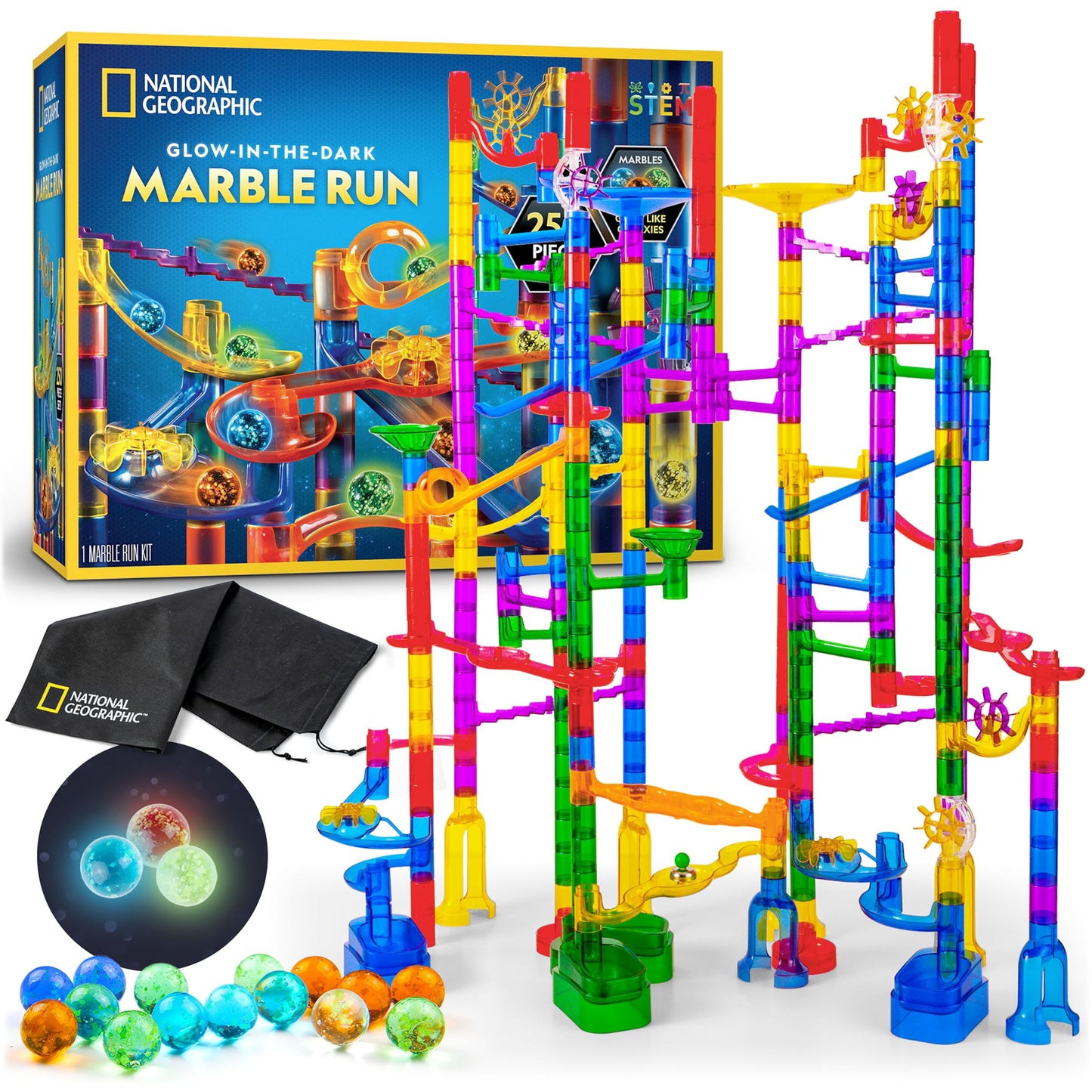 NATIONAL GEOGRAPHIC Glowing Marble Run – Construction Set with 15 Glow in The Dark Glass Marbles & Storage Bag, STEM Gifts for Boys and Girls, Building Project Toy