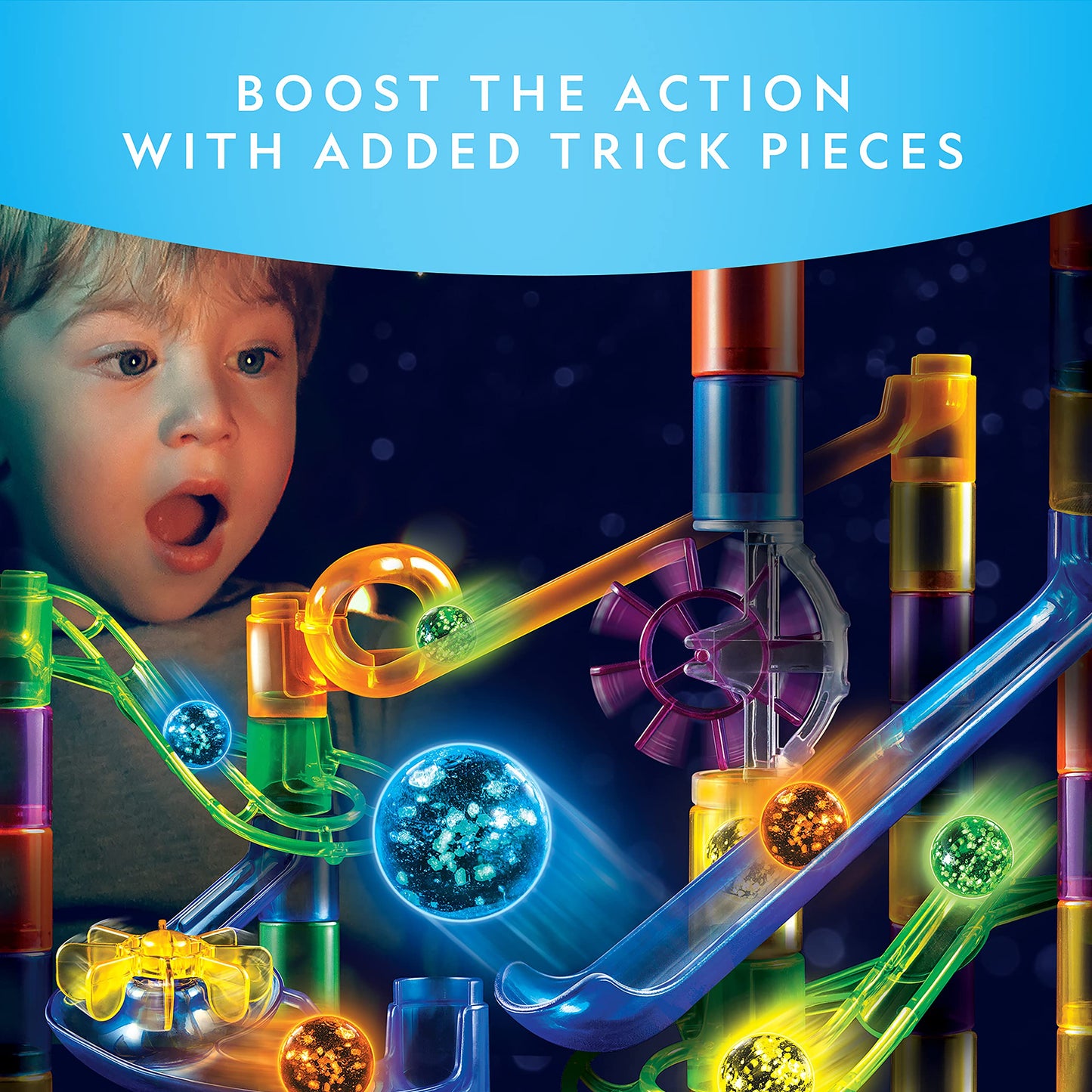 NATIONAL GEOGRAPHIC Glowing Marble Run – Construction Set with 15 Glow in The Dark Glass Marbles & Storage Bag, STEM Gifts for Boys and Girls, Building Project Toy