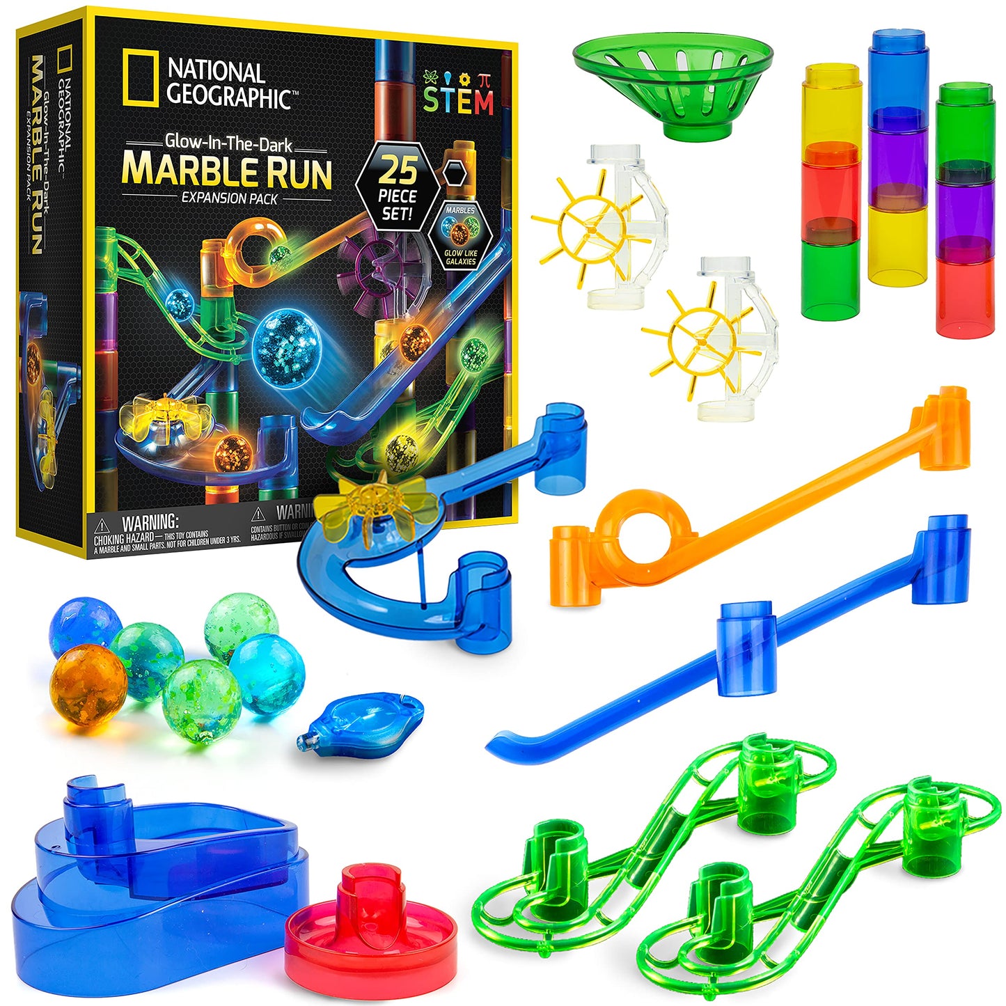 NATIONAL GEOGRAPHIC Glowing Marble Run – Construction Set with 15 Glow in The Dark Glass Marbles & Storage Bag, STEM Gifts for Boys and Girls, Building Project Toy