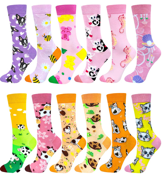 Funny Socks Women Fun Colorful Novelty Crazy Floral Patterned Sock Crew, Premium Cotton, Size 6-11, 12 Pairs US031205