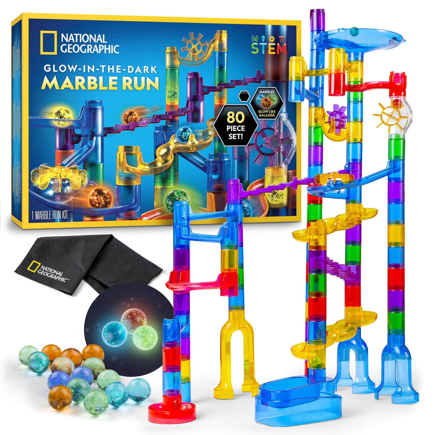 NATIONAL GEOGRAPHIC Glowing Marble Run – Construction Set with 15 Glow in The Dark Glass Marbles & Storage Bag, STEM Gifts for Boys and Girls, Building Project Toy