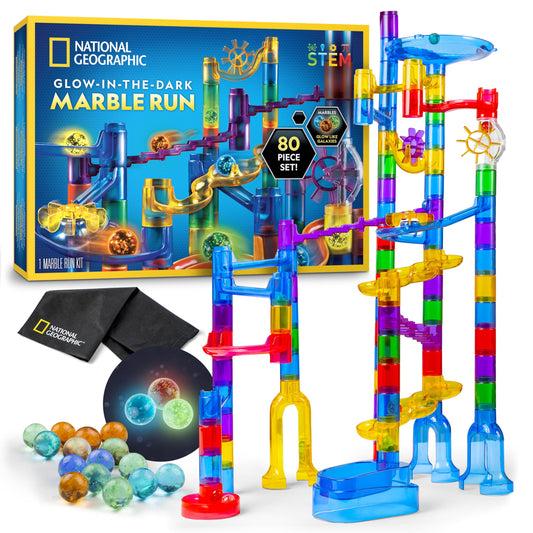 NATIONAL GEOGRAPHIC Glowing Marble Run – Construction Set with 15 Glow in The Dark Glass Marbles & Storage Bag, STEM Gifts for Boys and Girls, Building Project Toy
