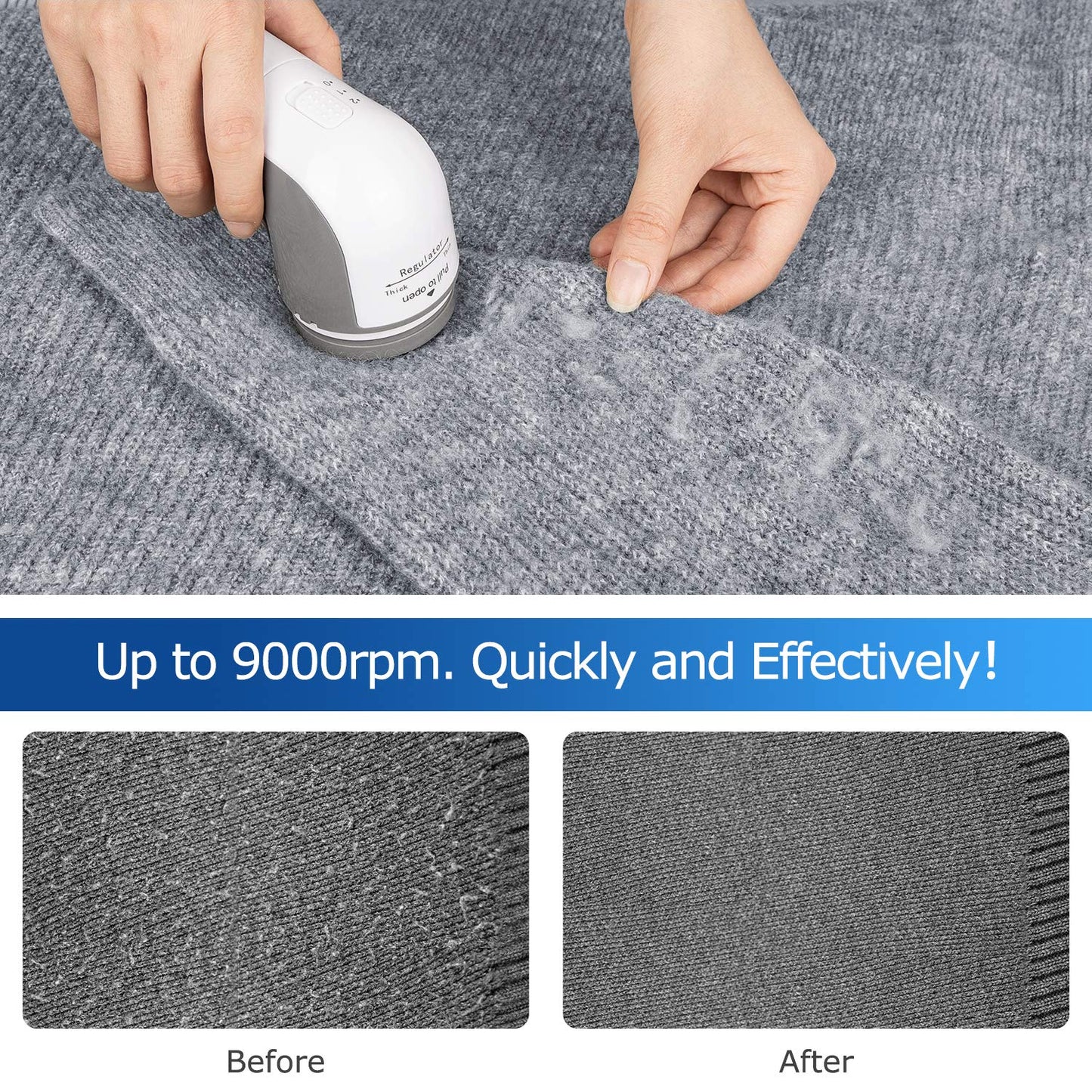 Fabric Shaver and Lint Remover, Sweater Defuzzer with 2-Speeds, 2 Replaceable Stainless Steel Blades, Battery Operated, Remove Clothes Fuzz, Lint Balls, Pills, Bobbles Gray