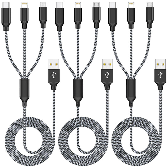 Multi Charging Cable 4ft 3Pack 3 in 1 Charger Cord, Multiple Rapid Nylon Braided Cable USB Charging Cable Multi Phone Charger Cord with Type C Micro Lightning USB Connectors for Cell Phones