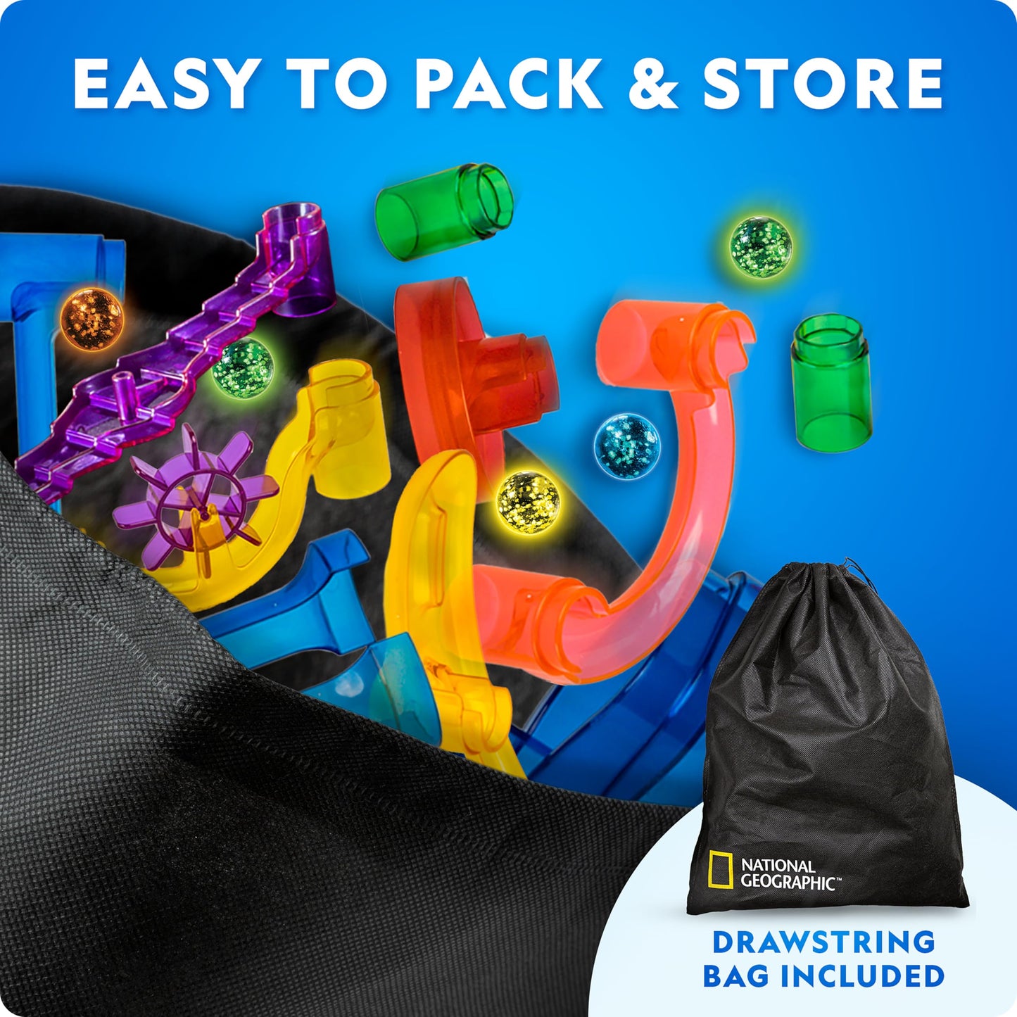 NATIONAL GEOGRAPHIC Glowing Marble Run – Construction Set with 15 Glow in The Dark Glass Marbles & Storage Bag, STEM Gifts for Boys and Girls, Building Project Toy