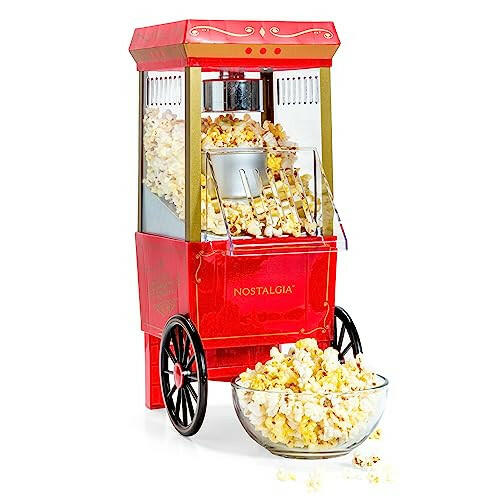 Popcorn Maker, 12 Cups, Hot Air Popcorn Machine with Measuring Cap, Oil Free, Vintage Movie Theater Style, Red